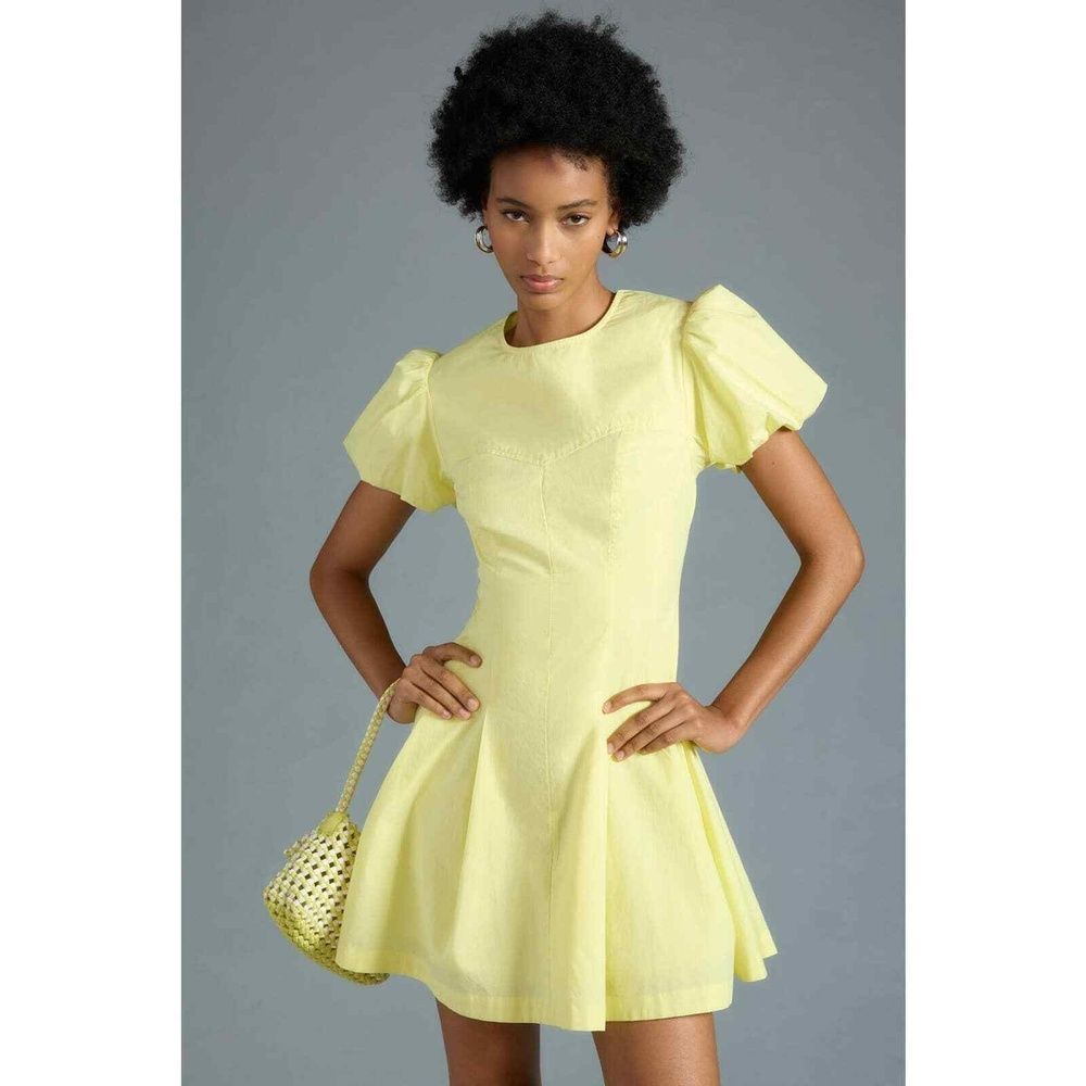 Anthropologie Maeve Dress L Fit to Flare Mini Cocktail Party Fun Bright Yellow